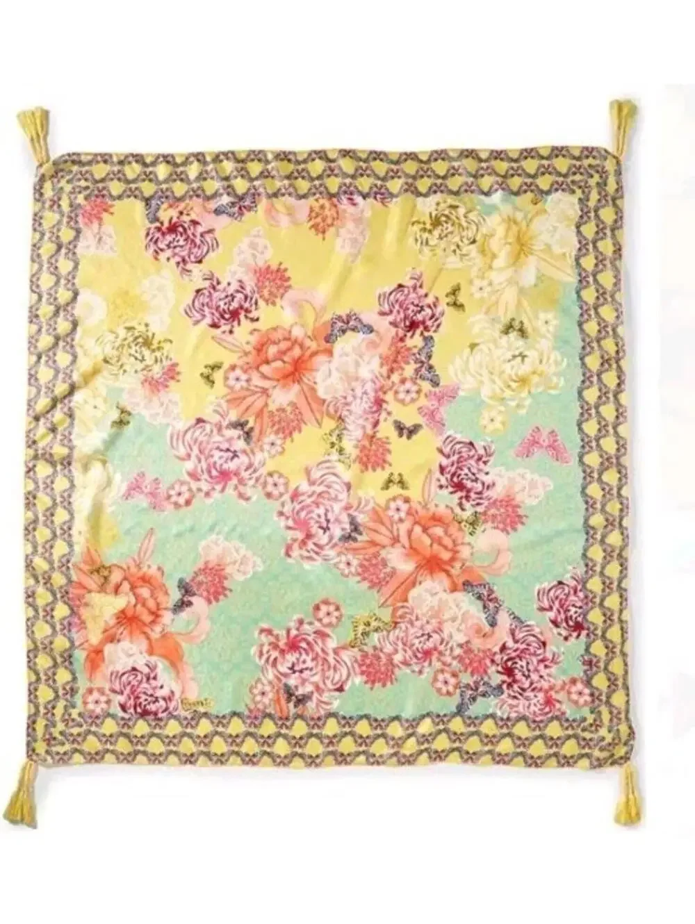 Johnny Was Charlie Print Silk Square Scarf With Tassels Silk Floral NEW #A
